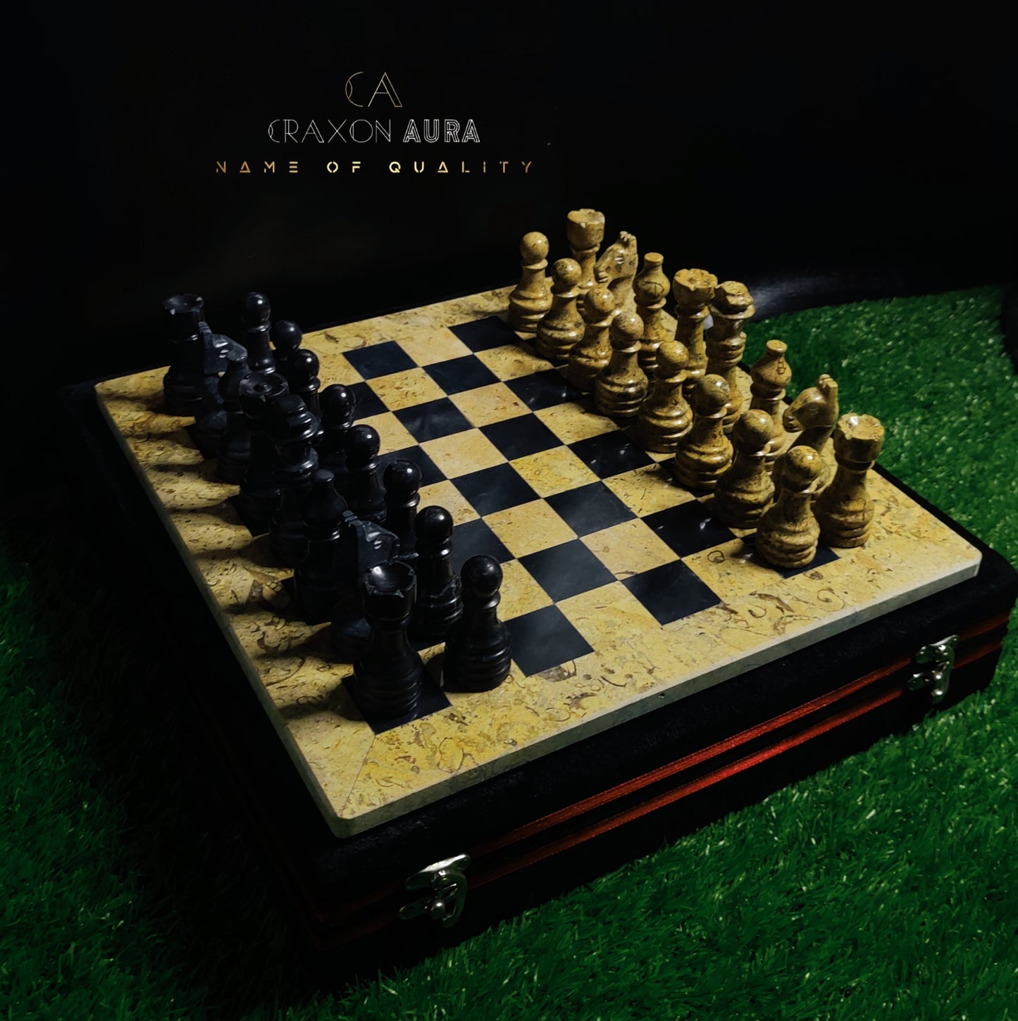 12" Black/Fossil Marble Chess Set